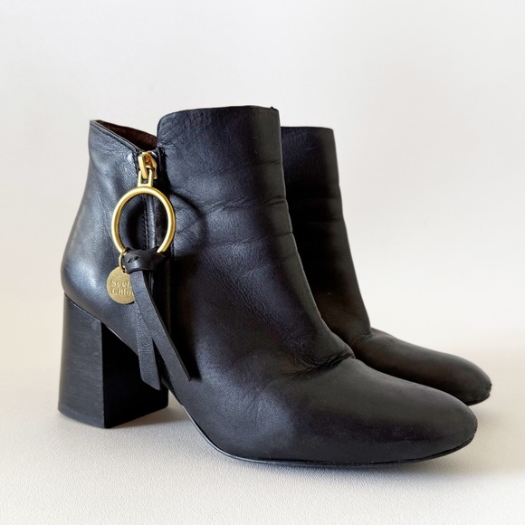 See By Chloe Boots Louise Ankle Leather Block Heel Casual Chic Minimal Black 7 - Picture 2 of 16